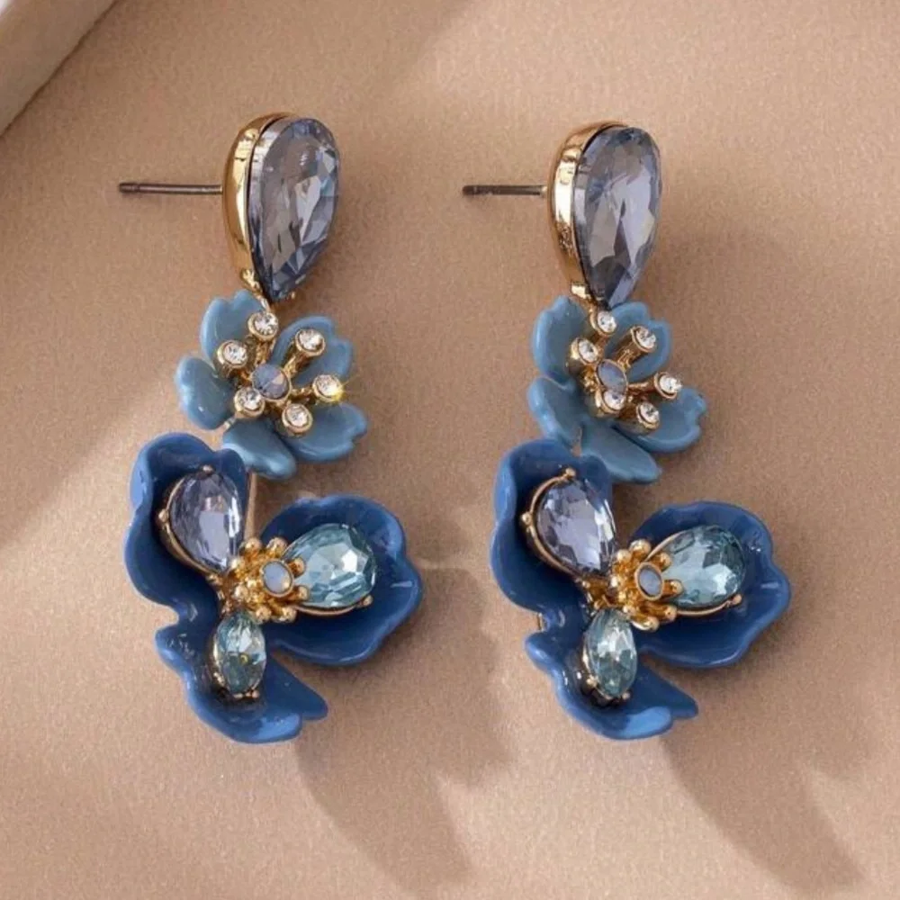 Anthropologie Blue and Gold Floral Earrings - Picture 2 of 5